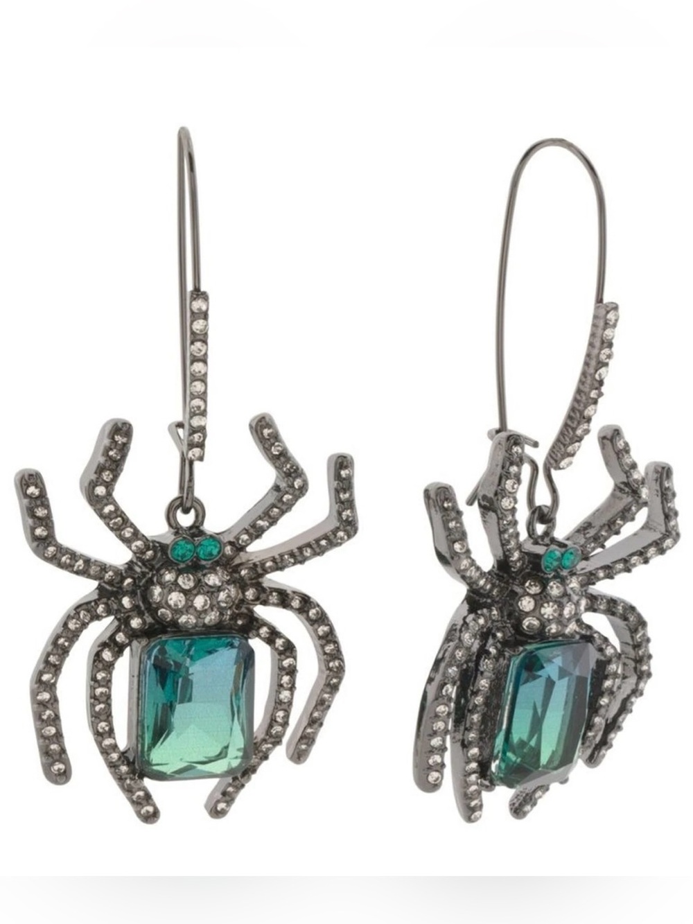 NWT Betsey Johnson Halloween Green Crystal Spider Shepherd Hook Earrings
